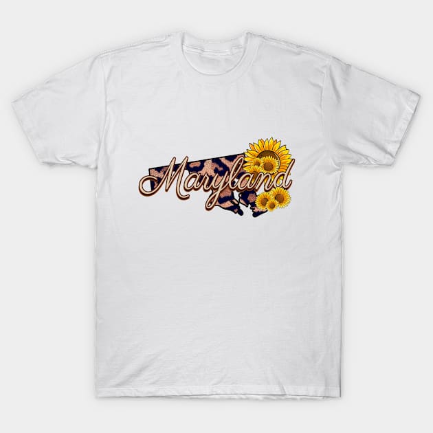 Maryland State Leopard Print Sunflower Pride T-Shirt by LisaLiza